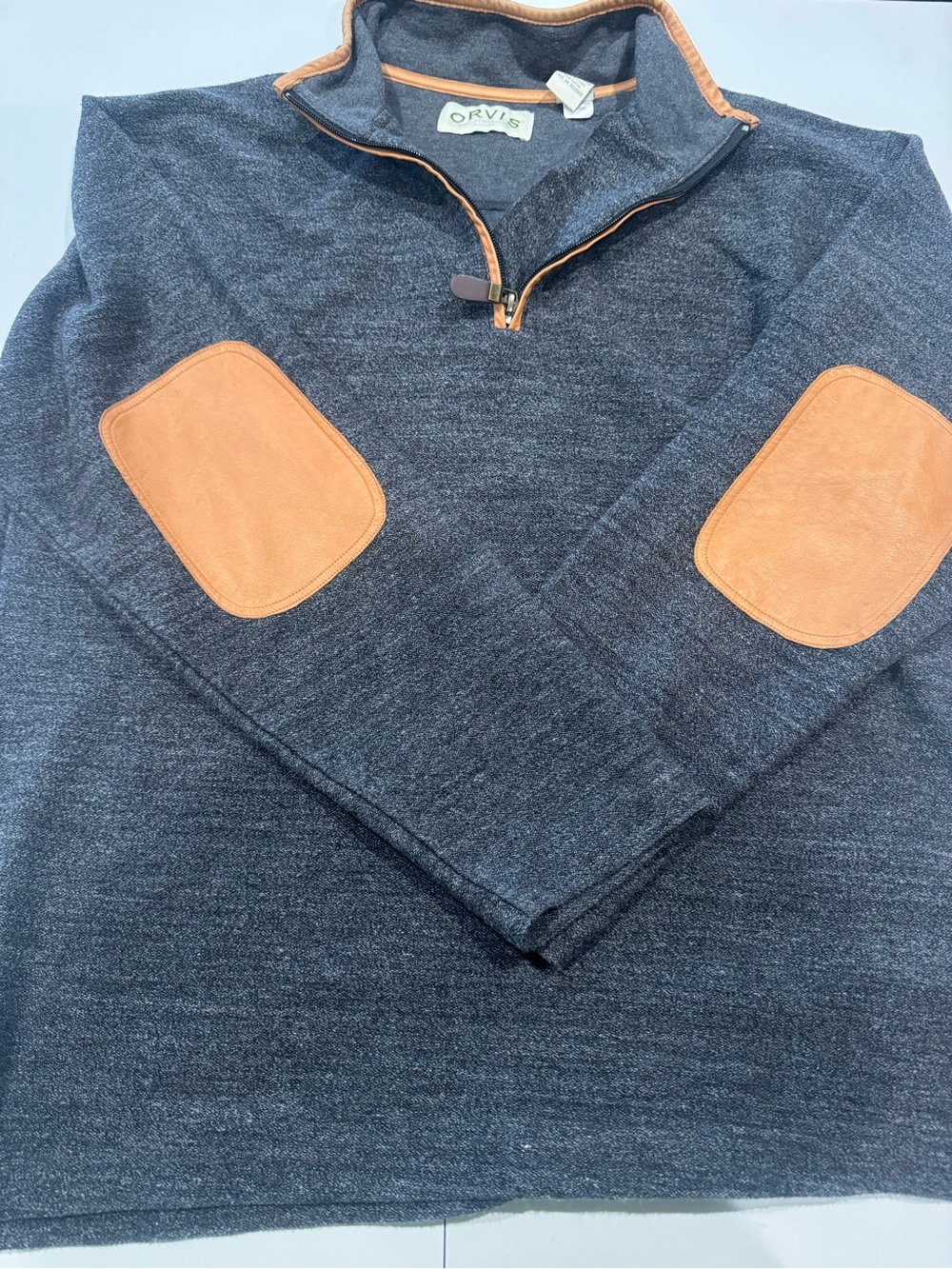 Orvis Men's Charcoal Half-Zip Sweater with Tan Elbow Patches Large